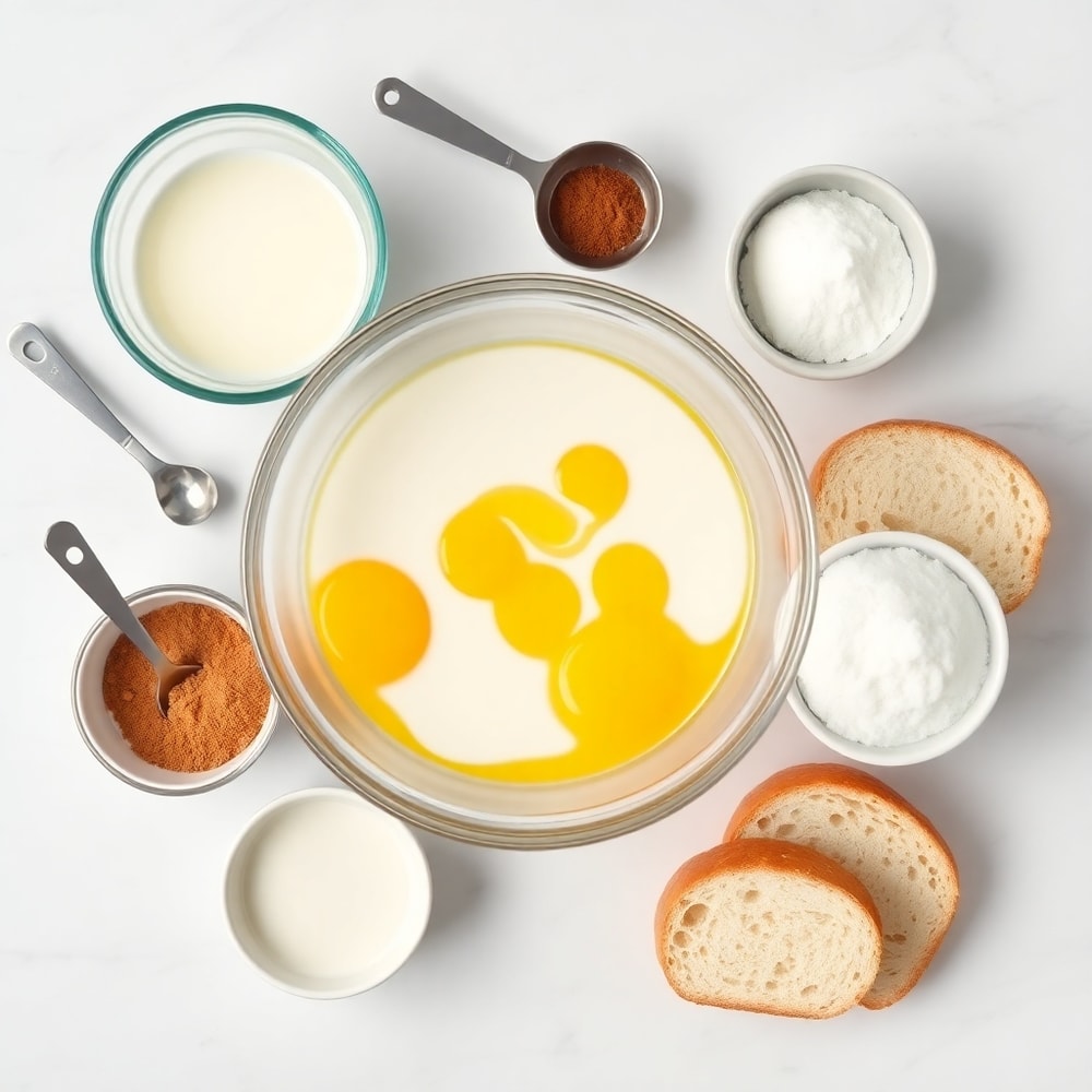 Bowl of eggs, milk, cinnamon, vanilla extract, bread slices, and butter arranged on a white marble countertop