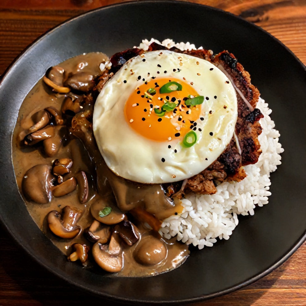 Plated Hawaiian Loco Moco with Mushroom Gravy