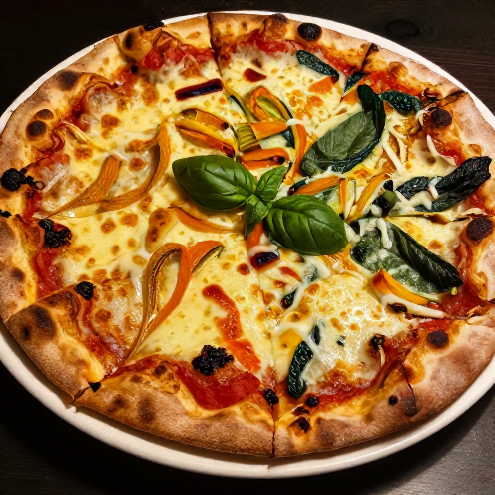 Plated Rainbow Veggie Flatbread Pizza with fresh basil on a rustic plate