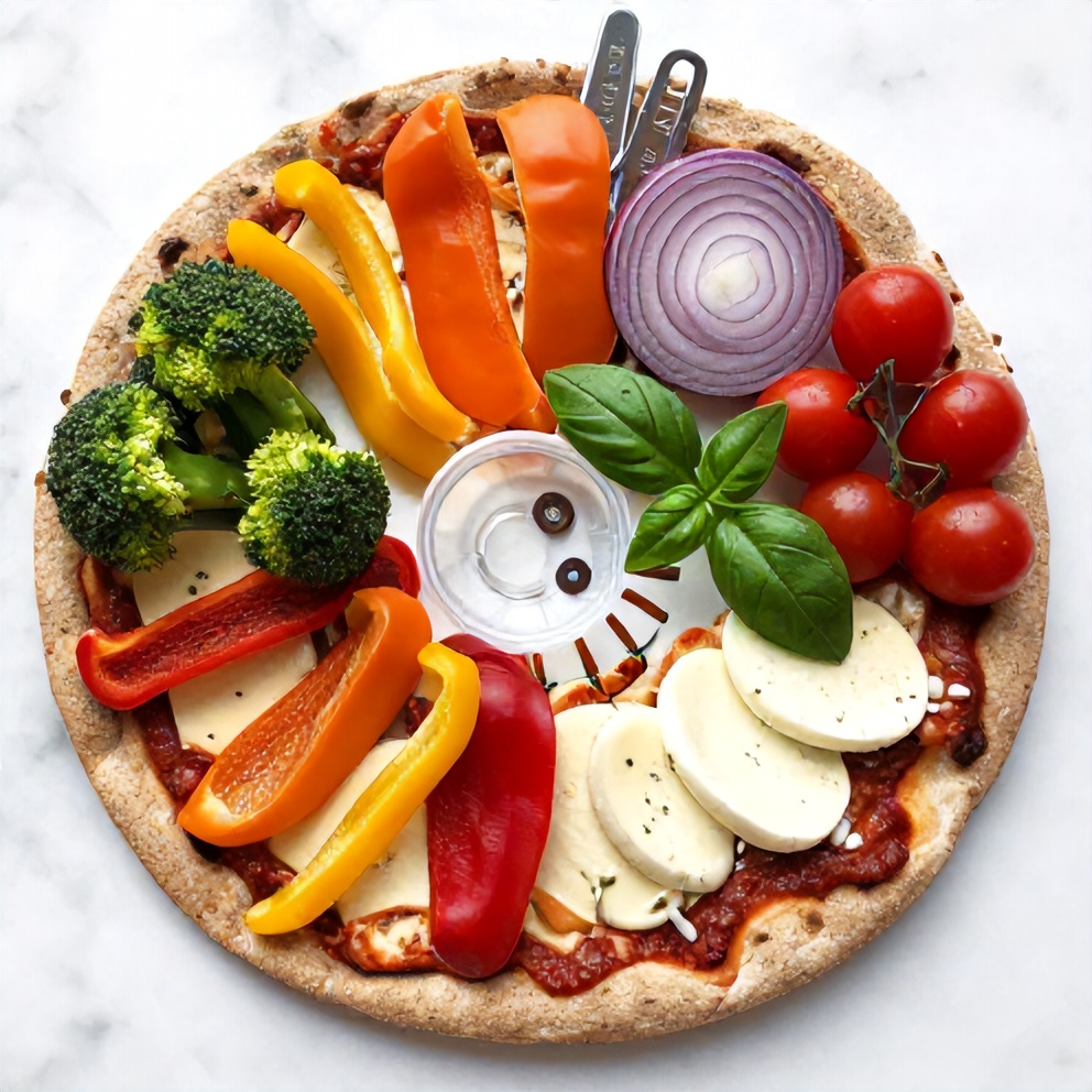 Raw ingredients for Rainbow Veggie Flatbread Pizza on a marble surface