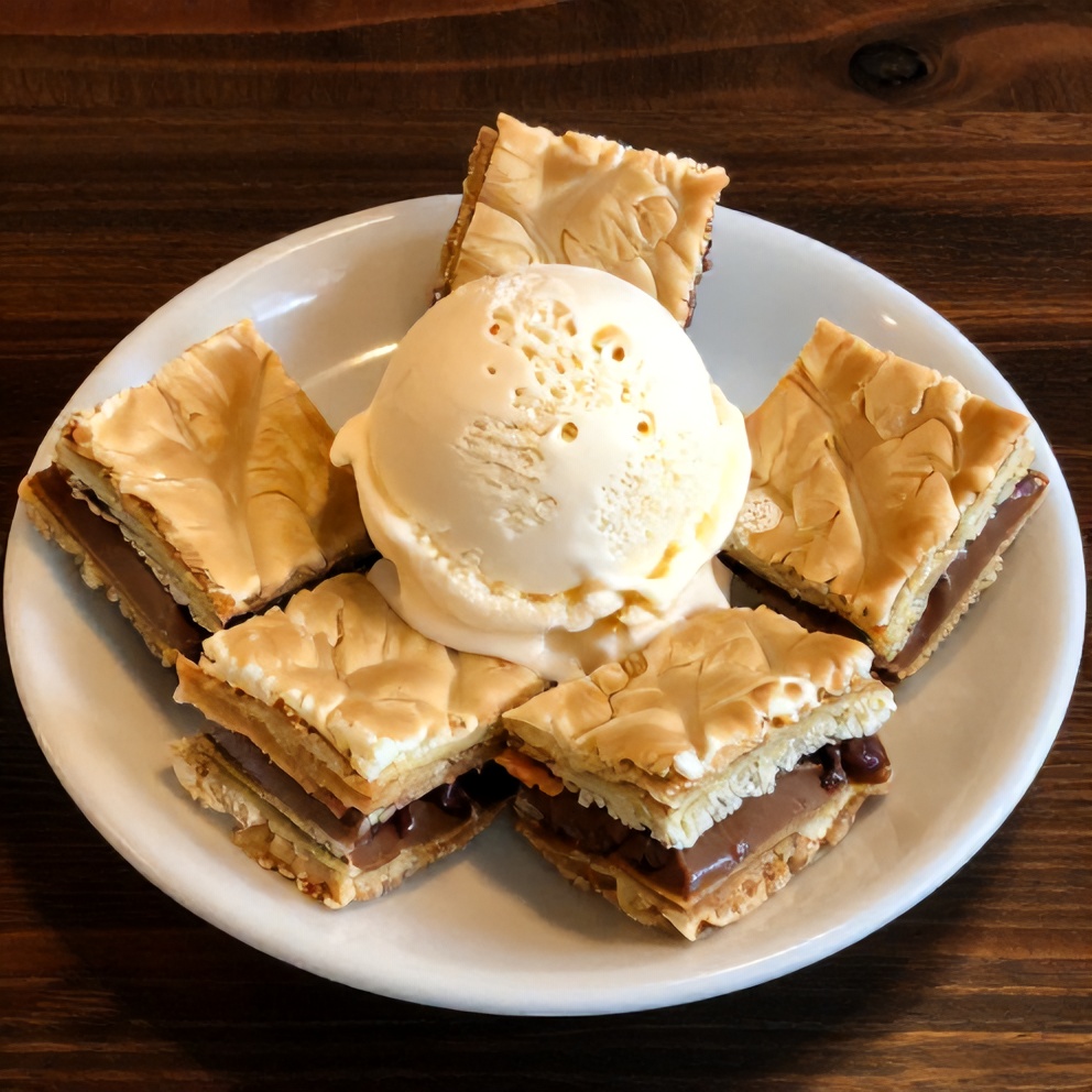 A plated serving of Hello Dolly Bars with a scoop of vanilla ice cream
