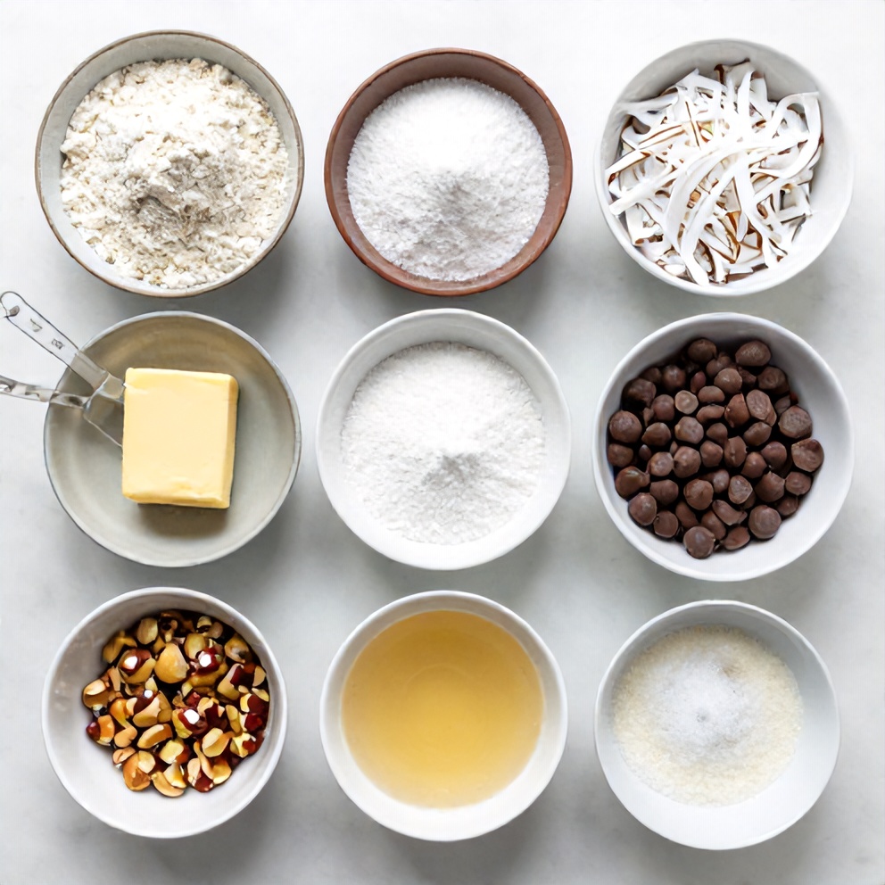 An overhead shot of the ingredients for Hello Dolly Bars