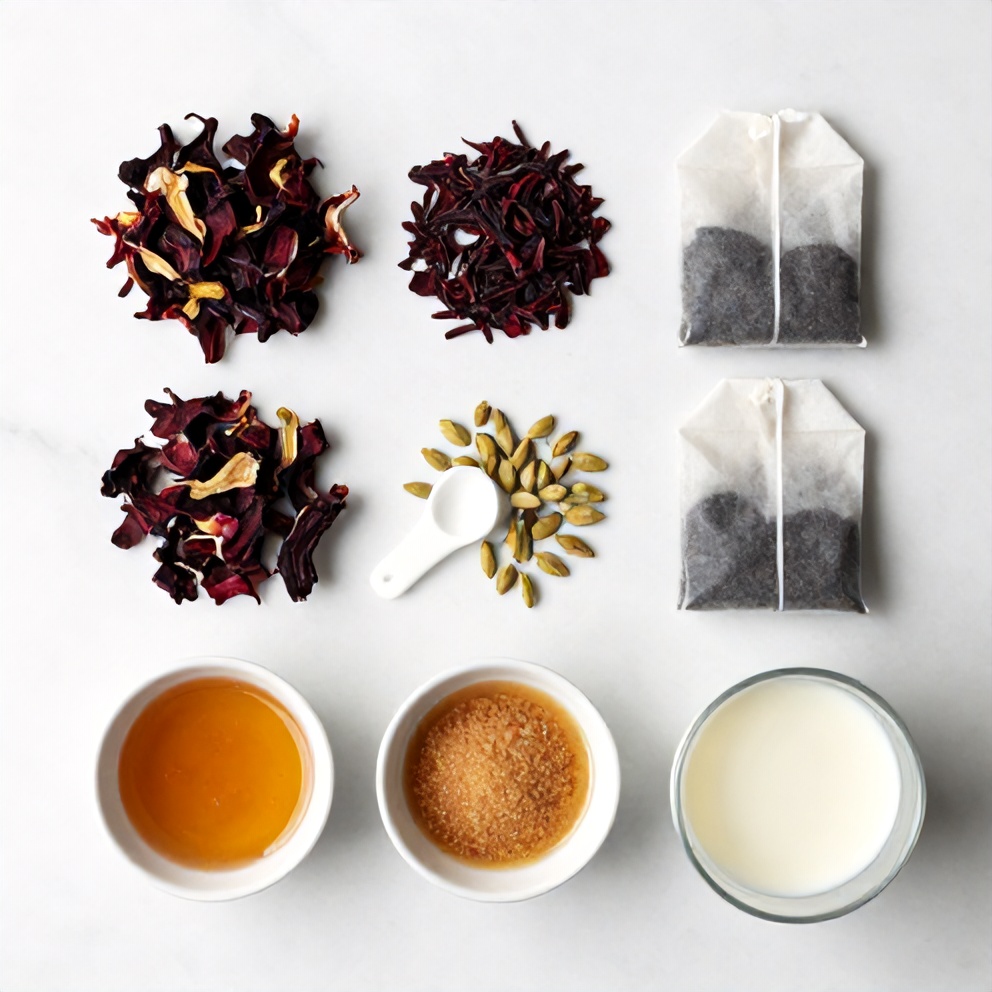 Hibiscus flowers, cardamom pods, tea bags, sugar, and milk arranged on a wooden surface