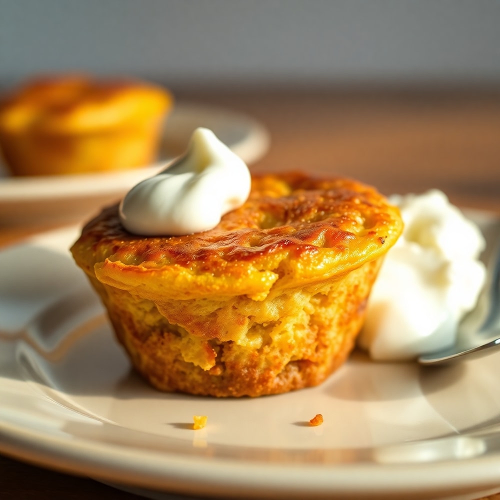 High Protein Pancake Muffins plated with a dollop of Greek yogurt