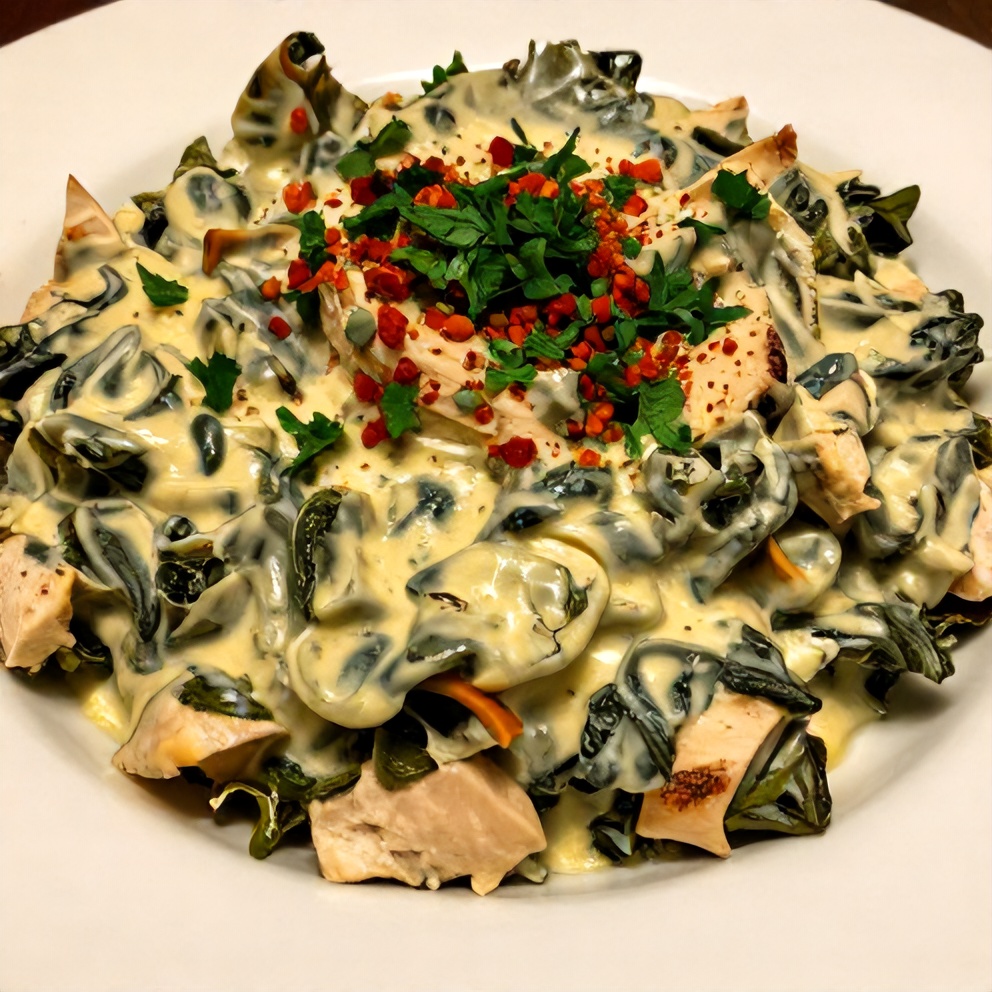 A serving of creamy spinach artichoke chicken casserole on a plate