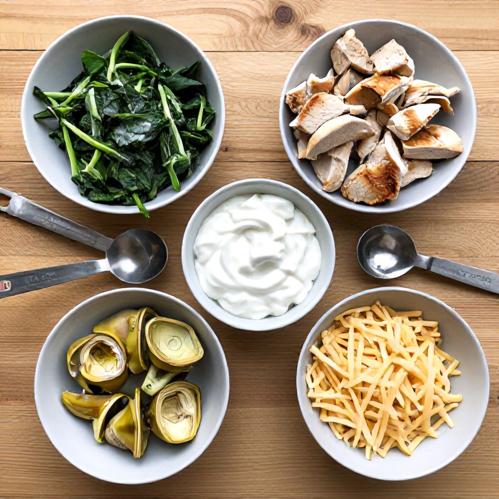 Raw ingredients for spinach artichoke chicken casserole on a wooden surface