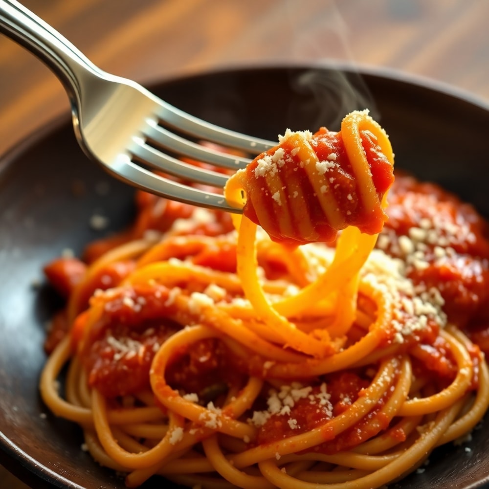 Pasta with homemade Italian tomato sauce and parmesan