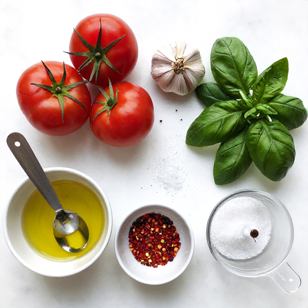Fresh tomatoes, garlic, basil, and other ingredients for Italian tomato sauce