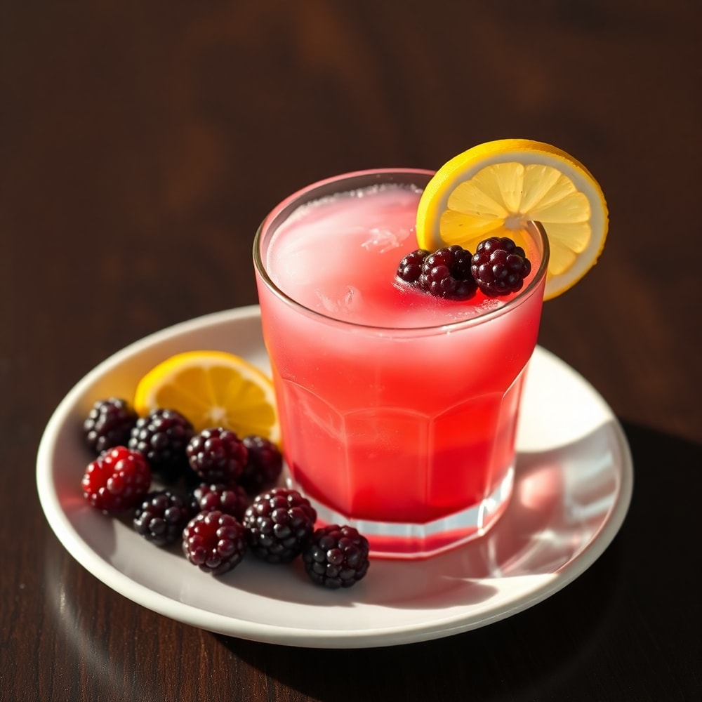 Homemade blackberry coconut pink drink garnished with a lemon wheel