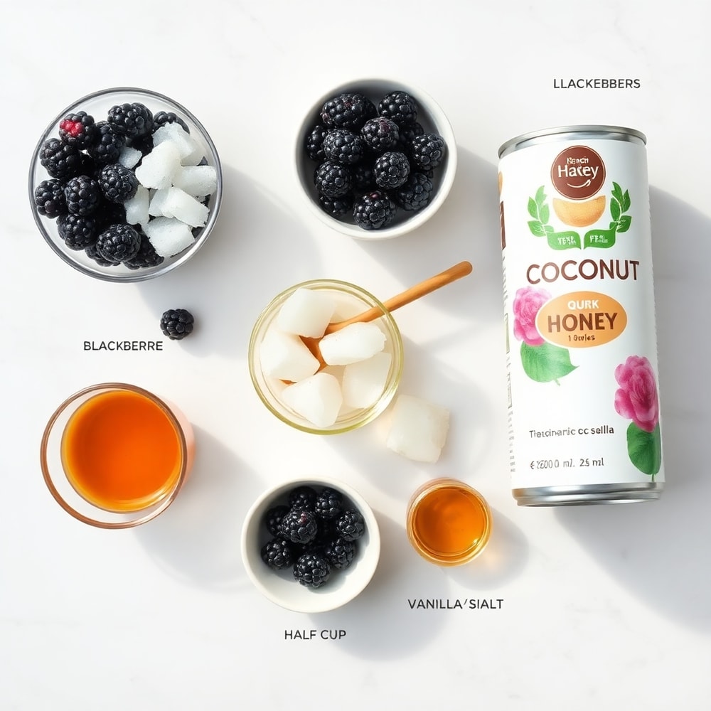 Raw ingredients for homemade blackberry coconut pink drink arranged in a flat lay