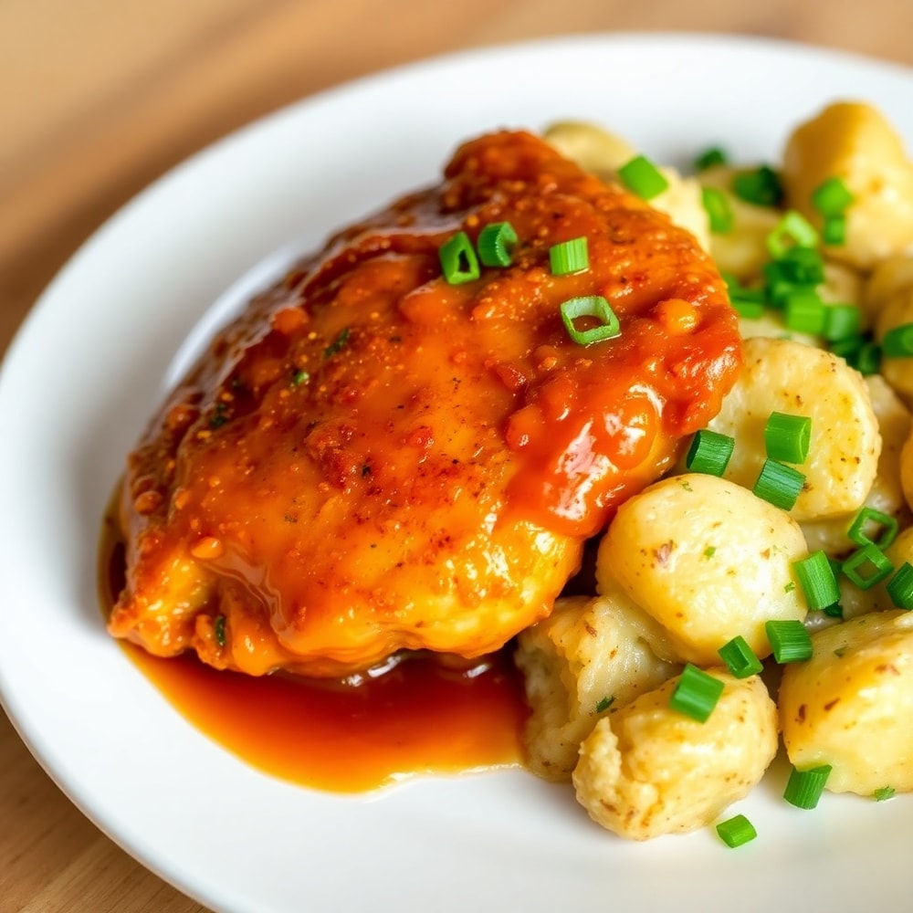 Plated Honey BBQ Chicken with Creamy Garlic Parmesan Potatoes