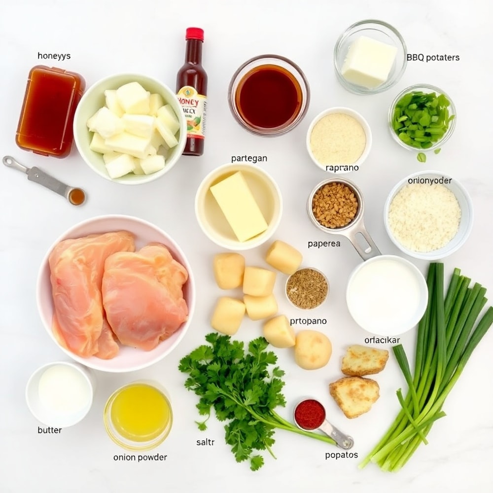 Raw ingredients for Honey BBQ Chicken with Creamy Garlic Parmesan Potatoes