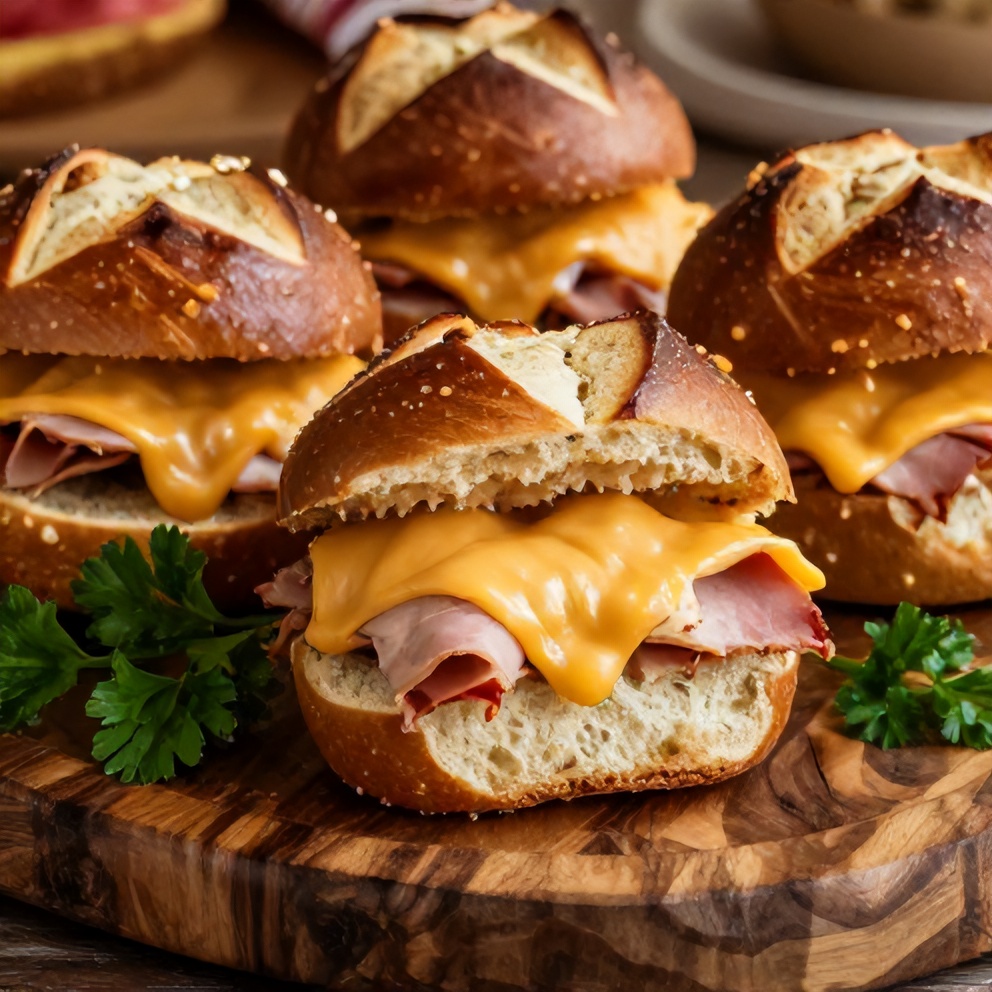 Honey Mustard Ham & Cheese Pretzel Sliders on a Platter