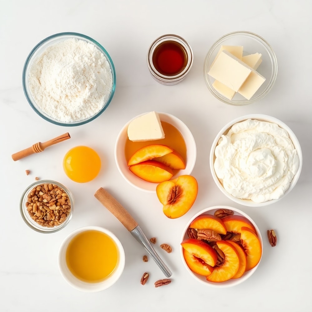 Ingredients for Honey Peach Cream Cheese Cupcakes on a marble counter