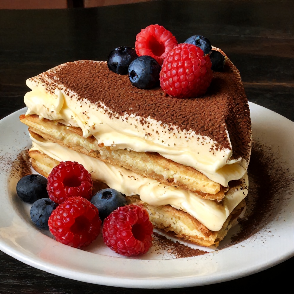 Italian Love Cake plated with dusting of cocoa powder and fresh berries