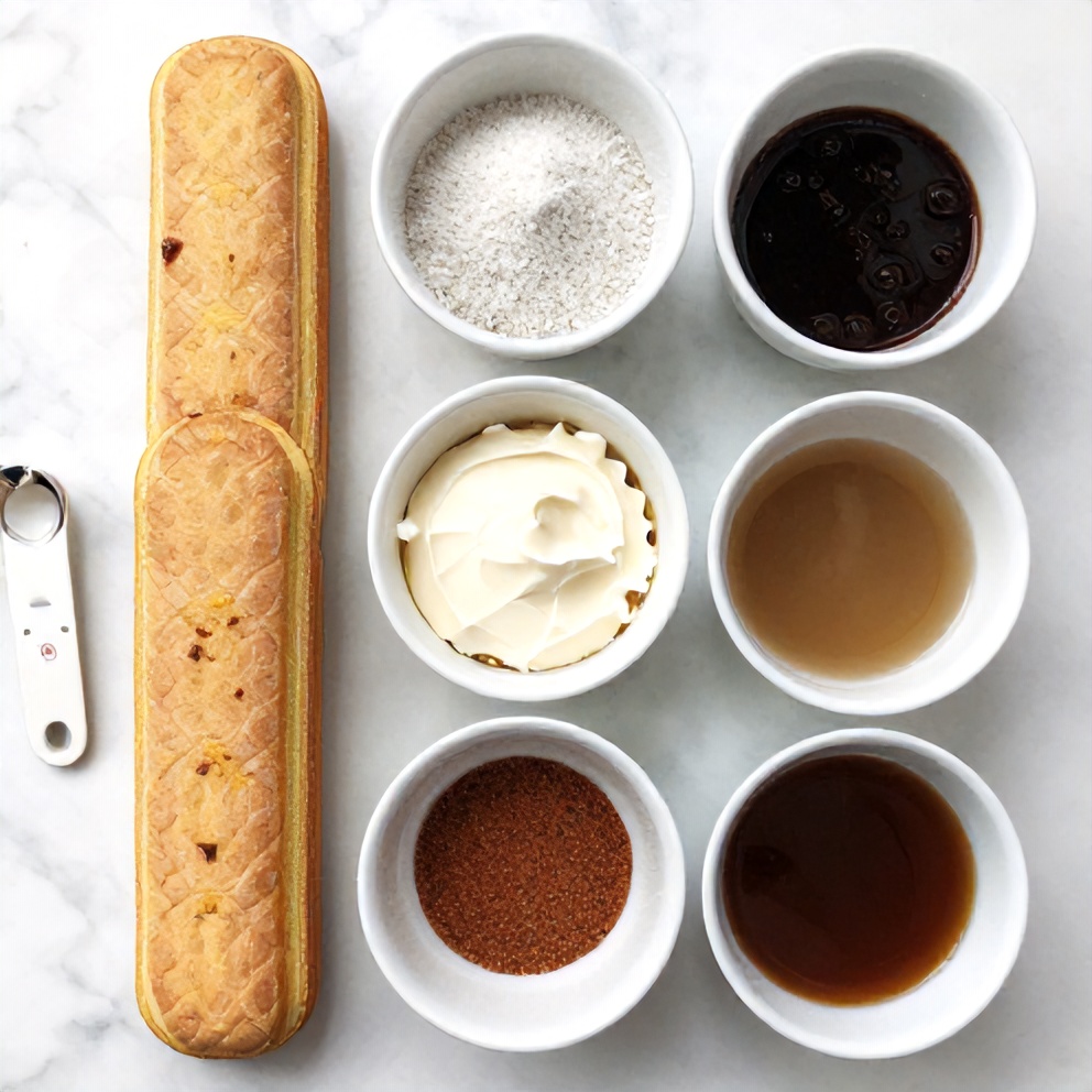 Italian Love Cake ingredients including ladyfingers, mascarpone cheese, coffee, sugar, and rum