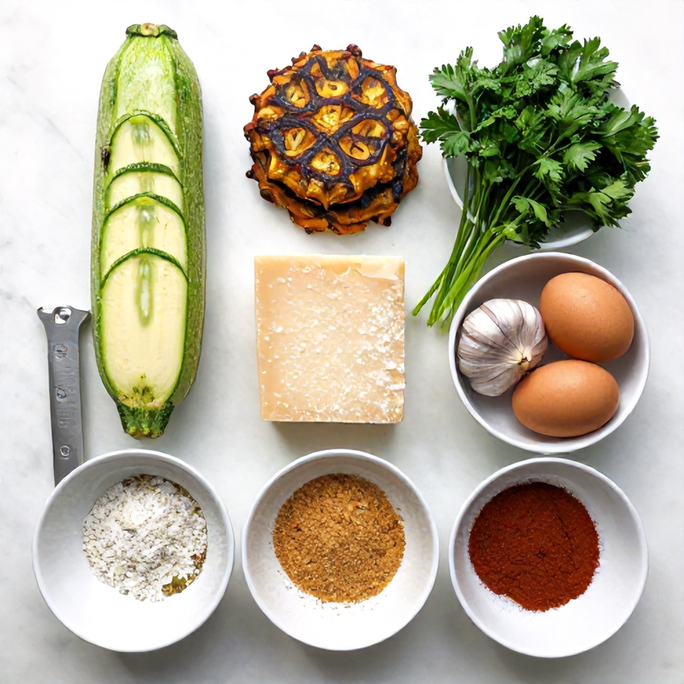 Raw ingredients for Keto Zucchini Fritters on a marble surface