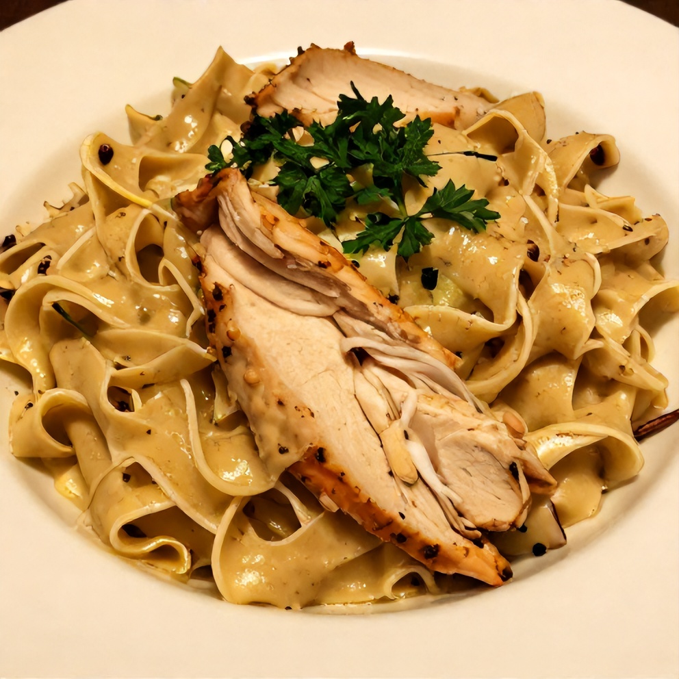 Plated serving of Lemon-Pepper Chicken Alfredo on a white plate, garnished with fresh parsley