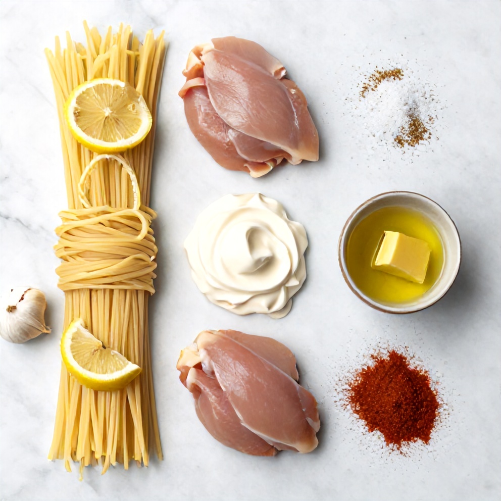 Raw ingredients for Lemon-Pepper Chicken Alfredo arranged in a flat lay, including chicken breasts, linguine, lemon, garlic, and heavy cream