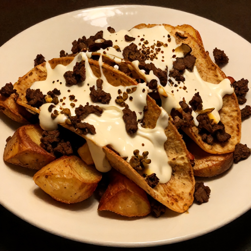 Loaded Potato Taco Bowl plated with crispy potatoes, ground beef, and creamy toppings