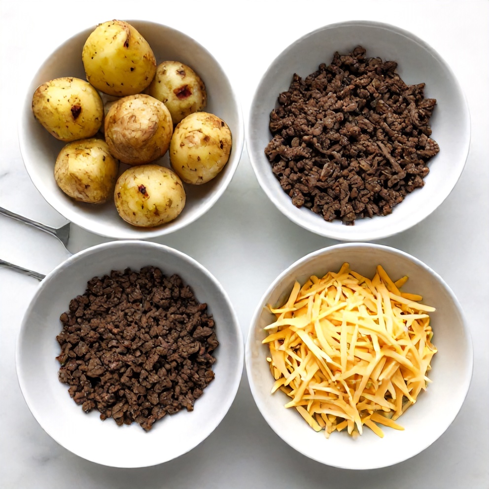 Raw ingredients for Loaded Potato Taco Bowl including potatoes, ground beef, and toppings