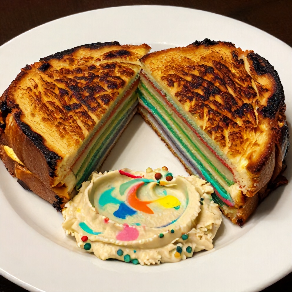 Plated Rainbow Grilled Cheese with a side of rainbow hummus