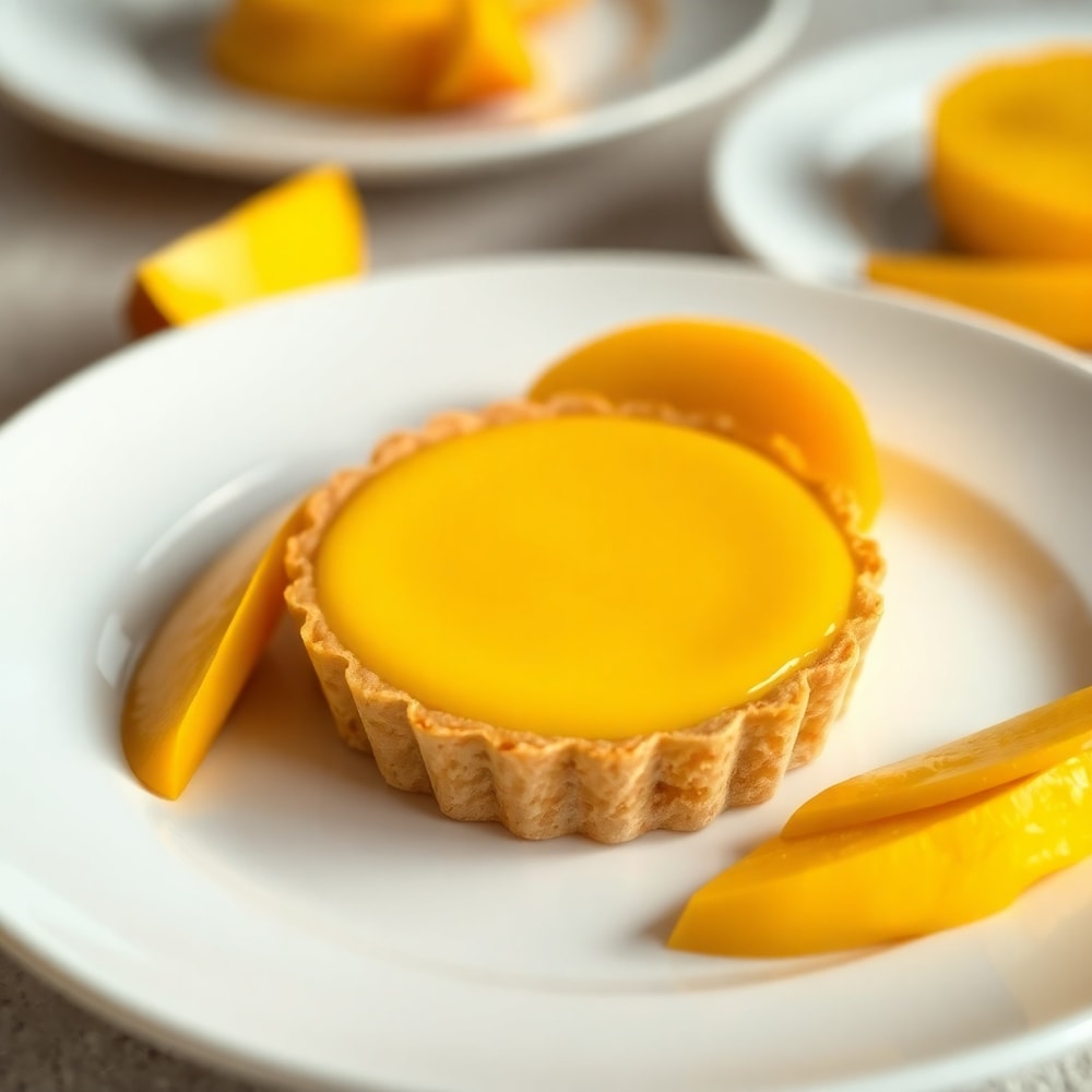 Sliced mango curd tart on a white plate with a side of fresh mango slices