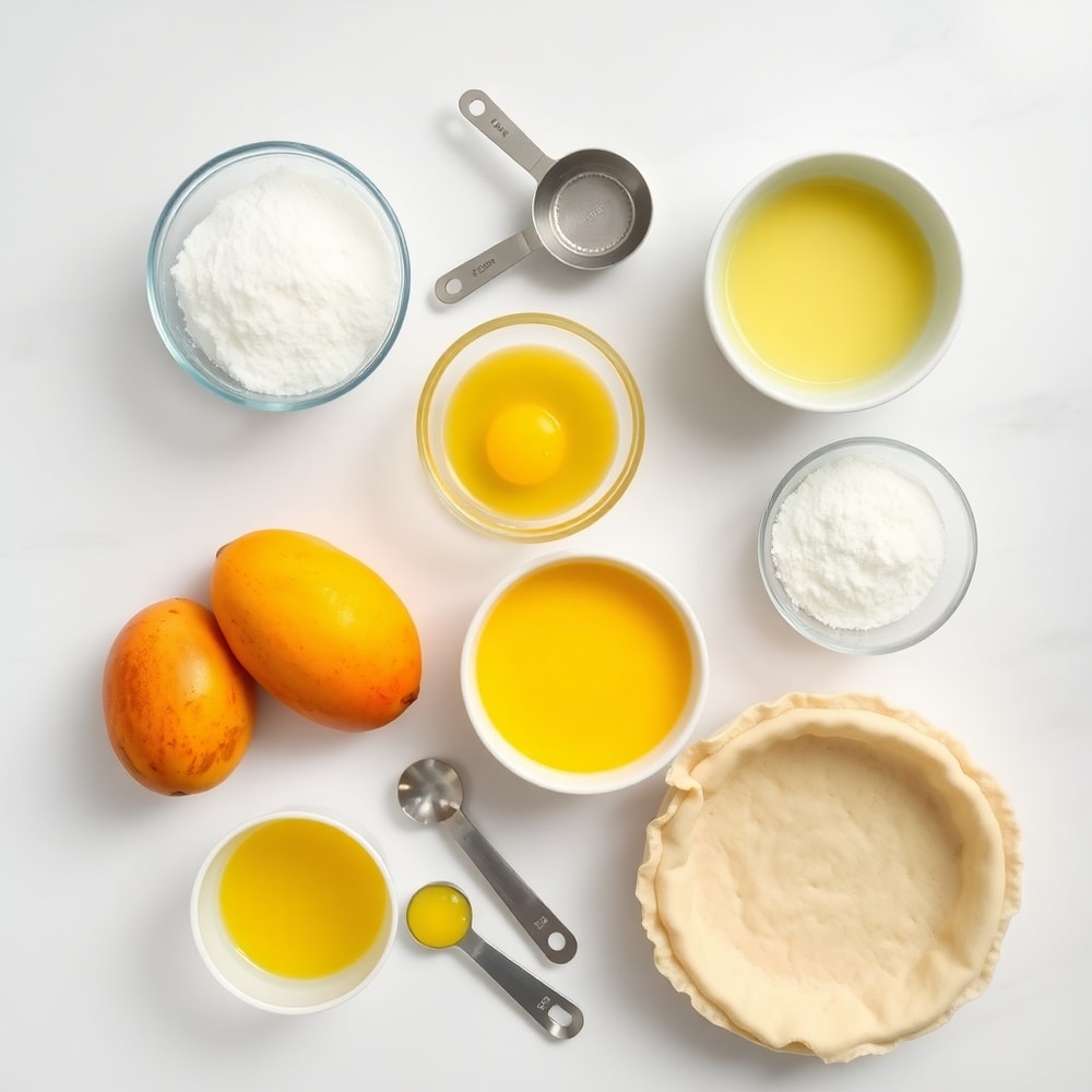 Raw ingredients for mango curd tart: fresh mangoes, eggs, sugar, lemon juice, and pie crust