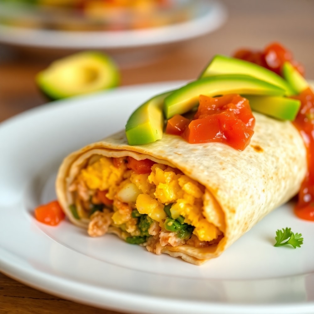 Plated Meal Prep Breakfast Burrito with avocado and salsa
