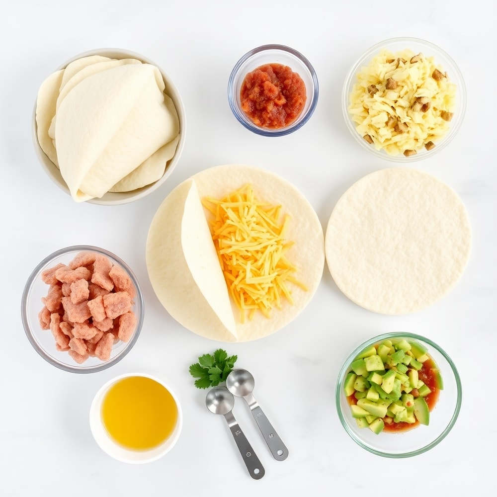 Raw ingredients for Meal Prep Breakfast Burritos on a white marble surface