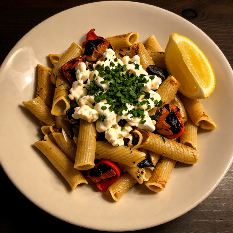 Plated Mediterranean One-Pot Pasta with Feta and Roasted Veggies