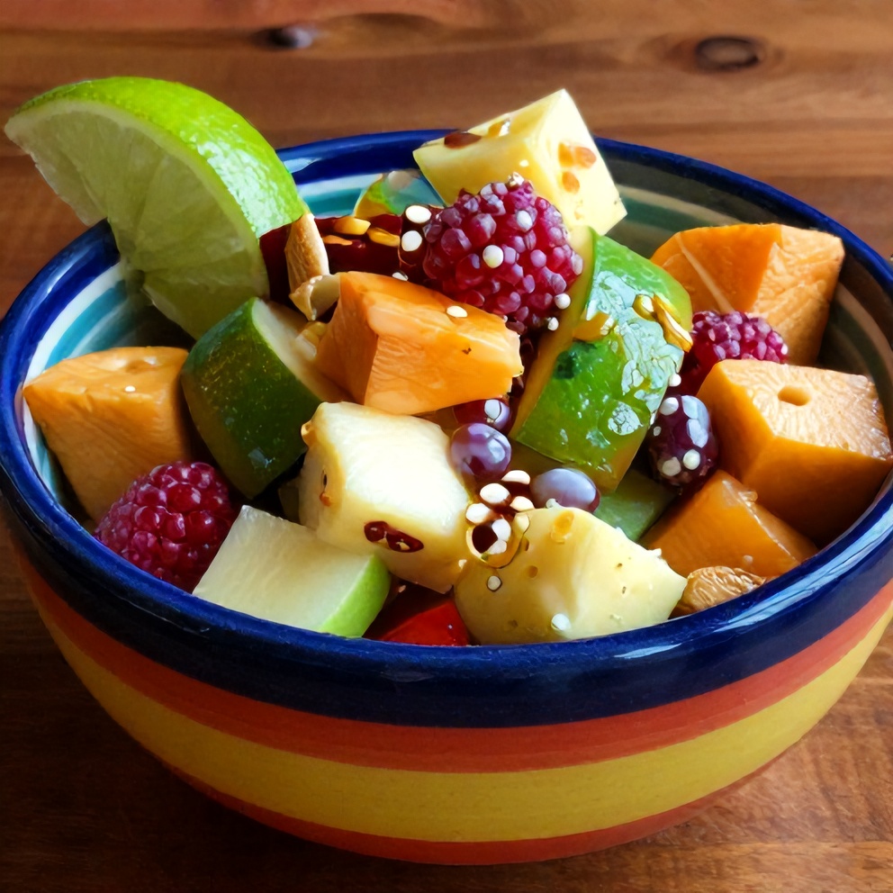 Mexican fruit salad served in a colorful bowl with a lime wedge