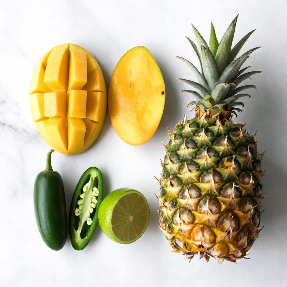 Raw ingredients for Mexican fruit salad: mango, pineapple, jalapeño, lime, and cilantro