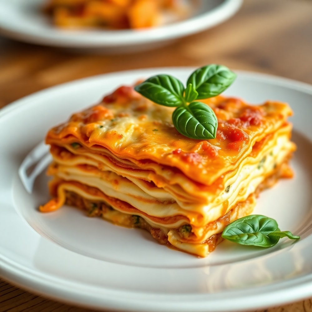 Plated Million Dollar Lasagna with fresh basil
