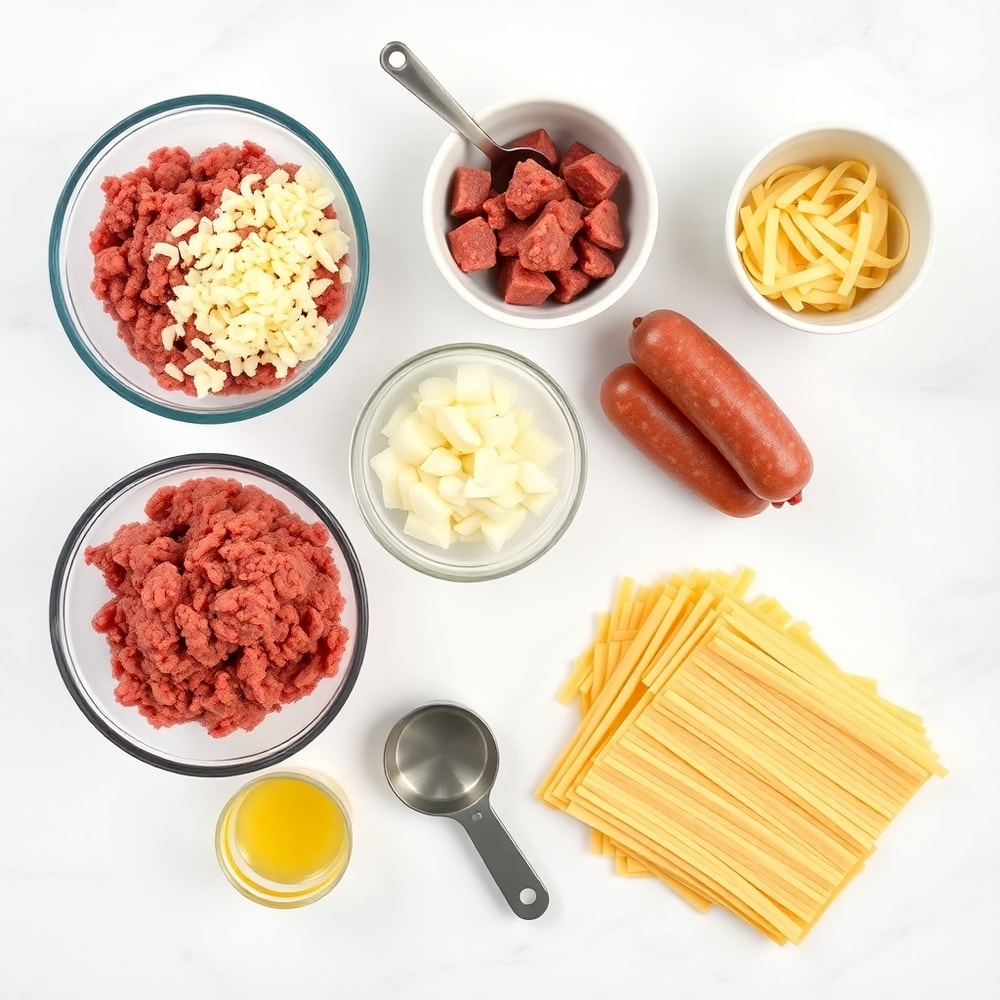 Raw ingredients for Million Dollar Lasagna on marble surface