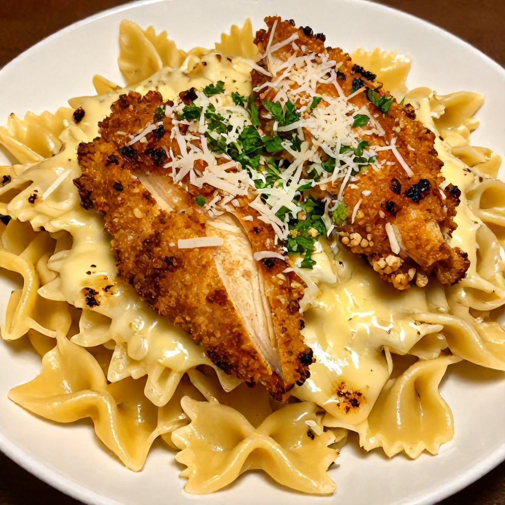 Plated Mozzarella Garlic Butter Chicken Bowties