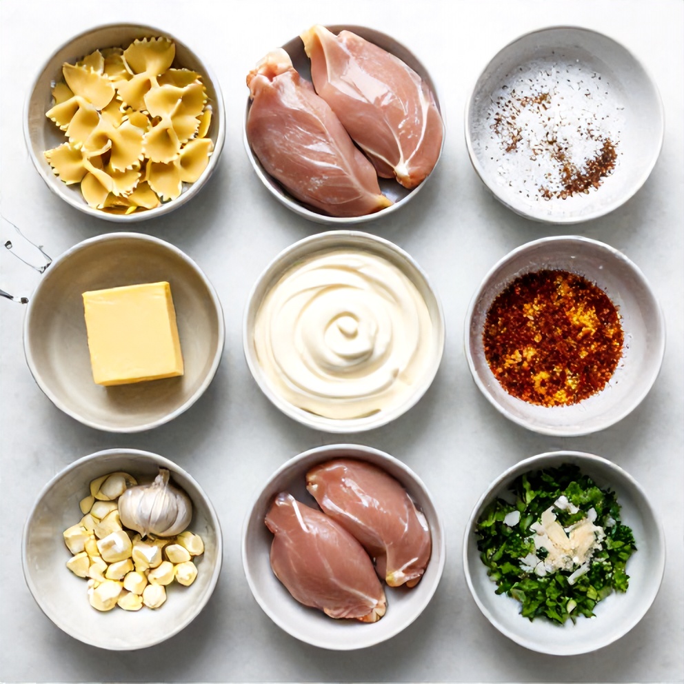 Raw Ingredients for Mozzarella Garlic Butter Chicken Bowties