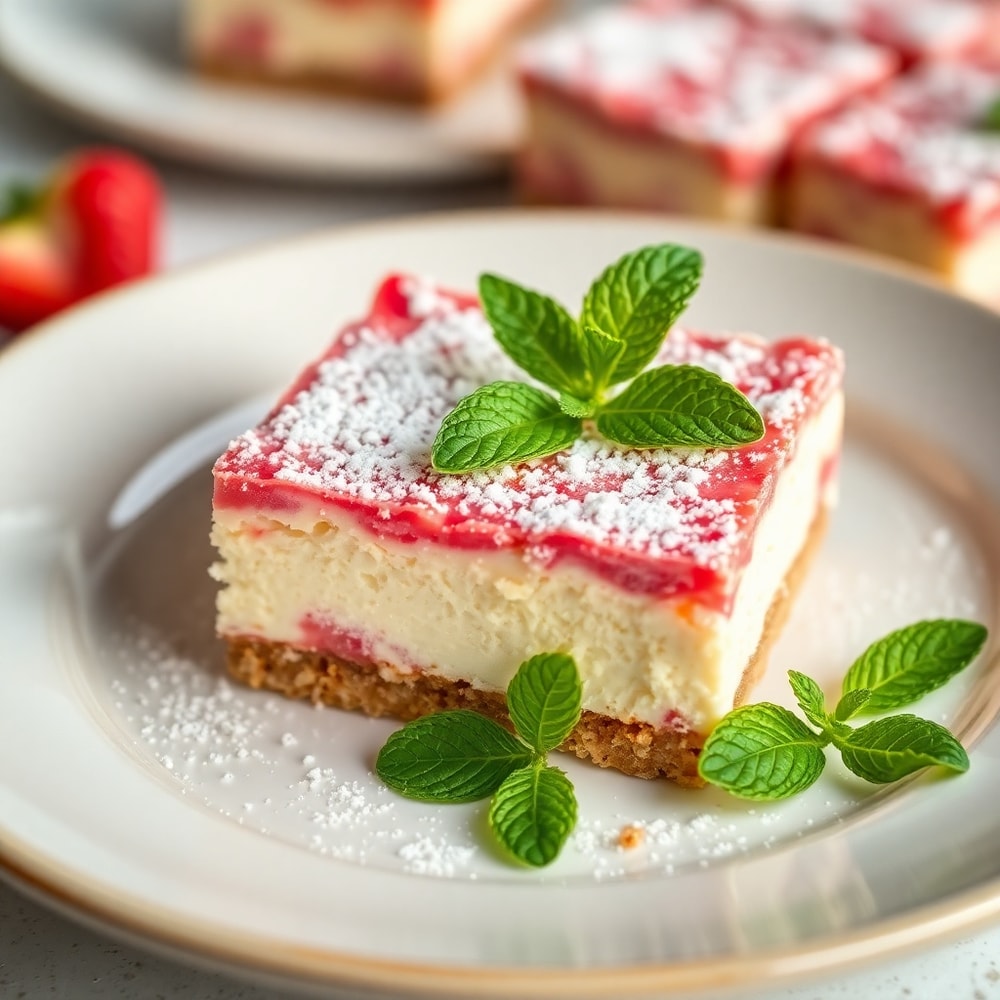 No Bake Rhubarb Cheesecake Squares ready to serve