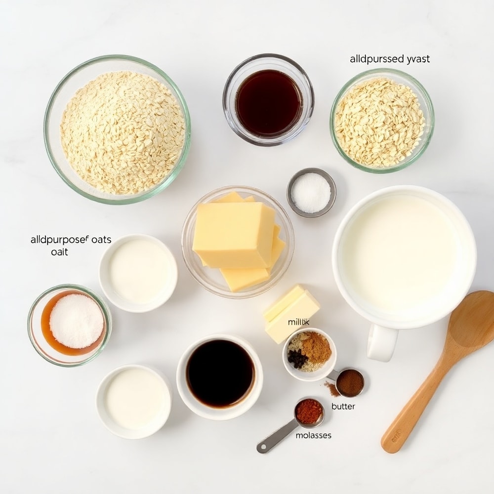 Ingredients for Oatmeal Molasses Rolls on a marble surface