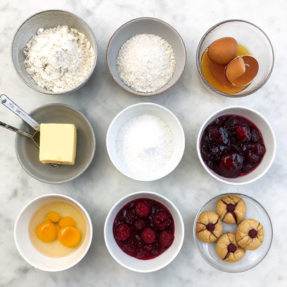 Ingredients for Old-Fashioned Raspberry Thumbprint Cookies on a marble counter