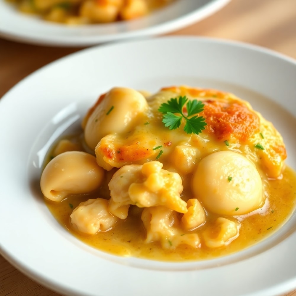 One Pot Gnocchi Chicken Pot Pie plated with fresh parsley