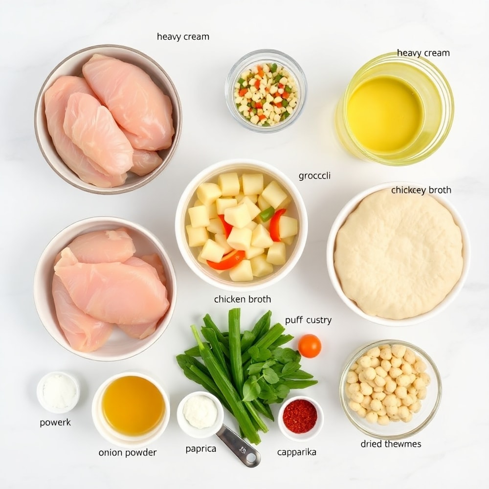 Raw ingredients for One Pot Gnocchi Chicken Pot Pie on marble surface