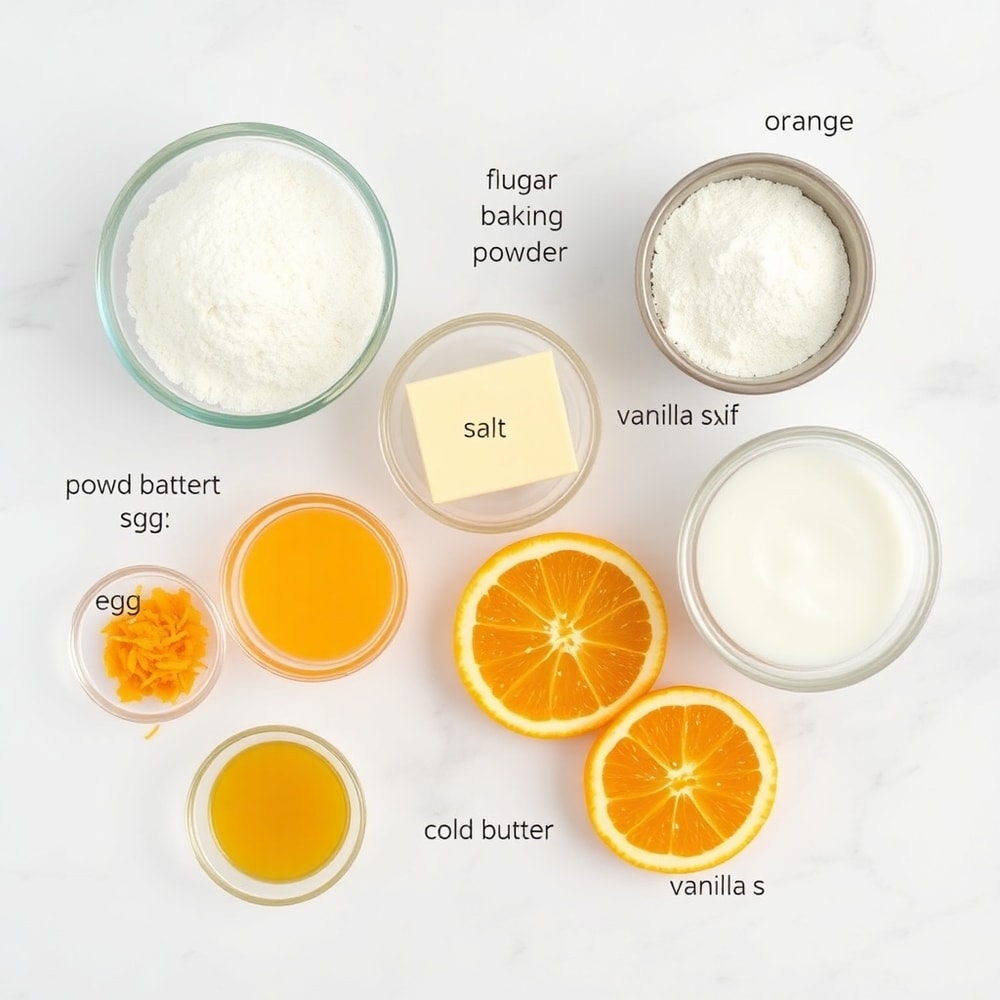 Raw ingredients for orange scone cookies on a marble surface