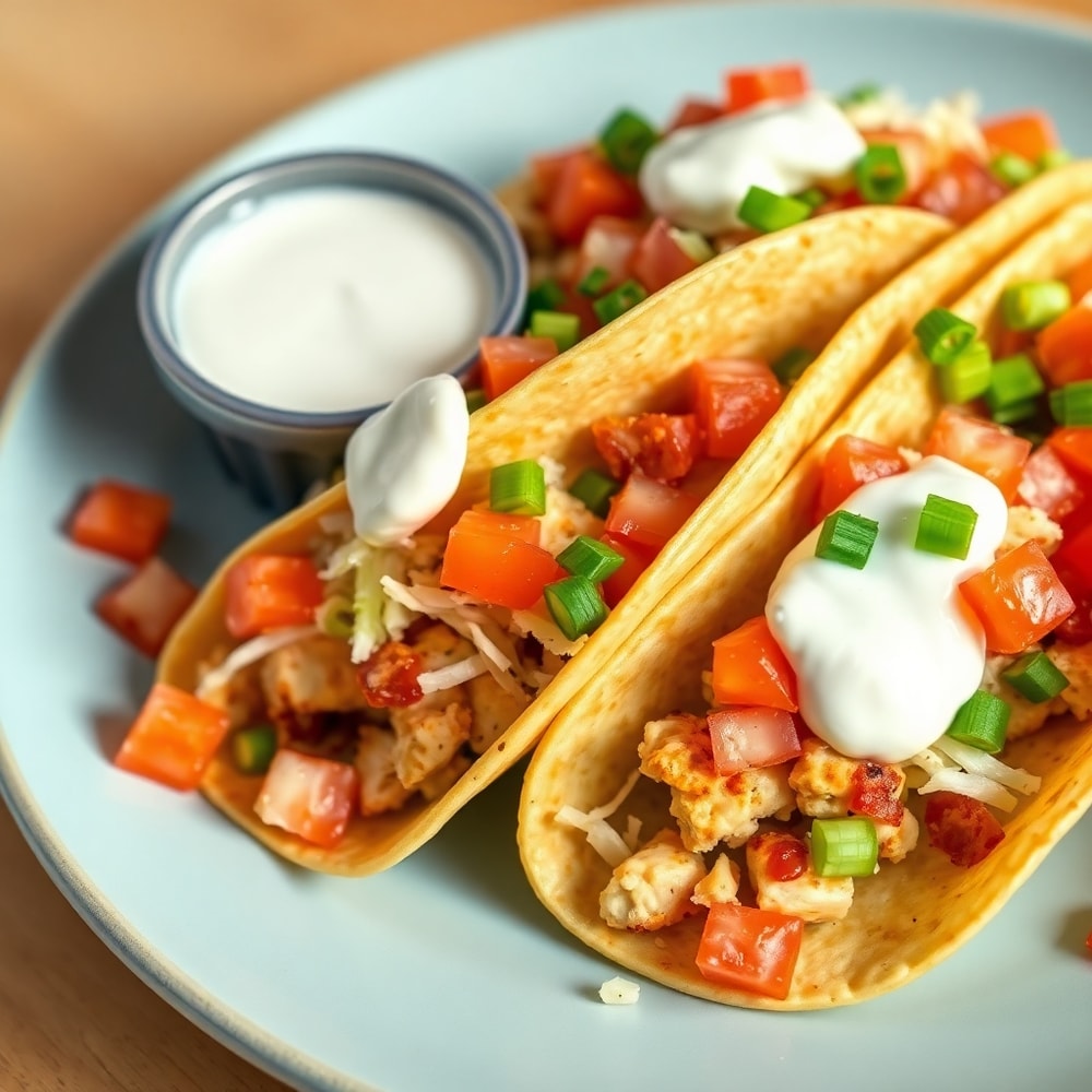 Plated serving of oven-baked chicken bacon ranch tacos