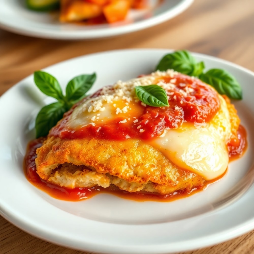 Plated baked chicken parmesan with a side of garlic bread