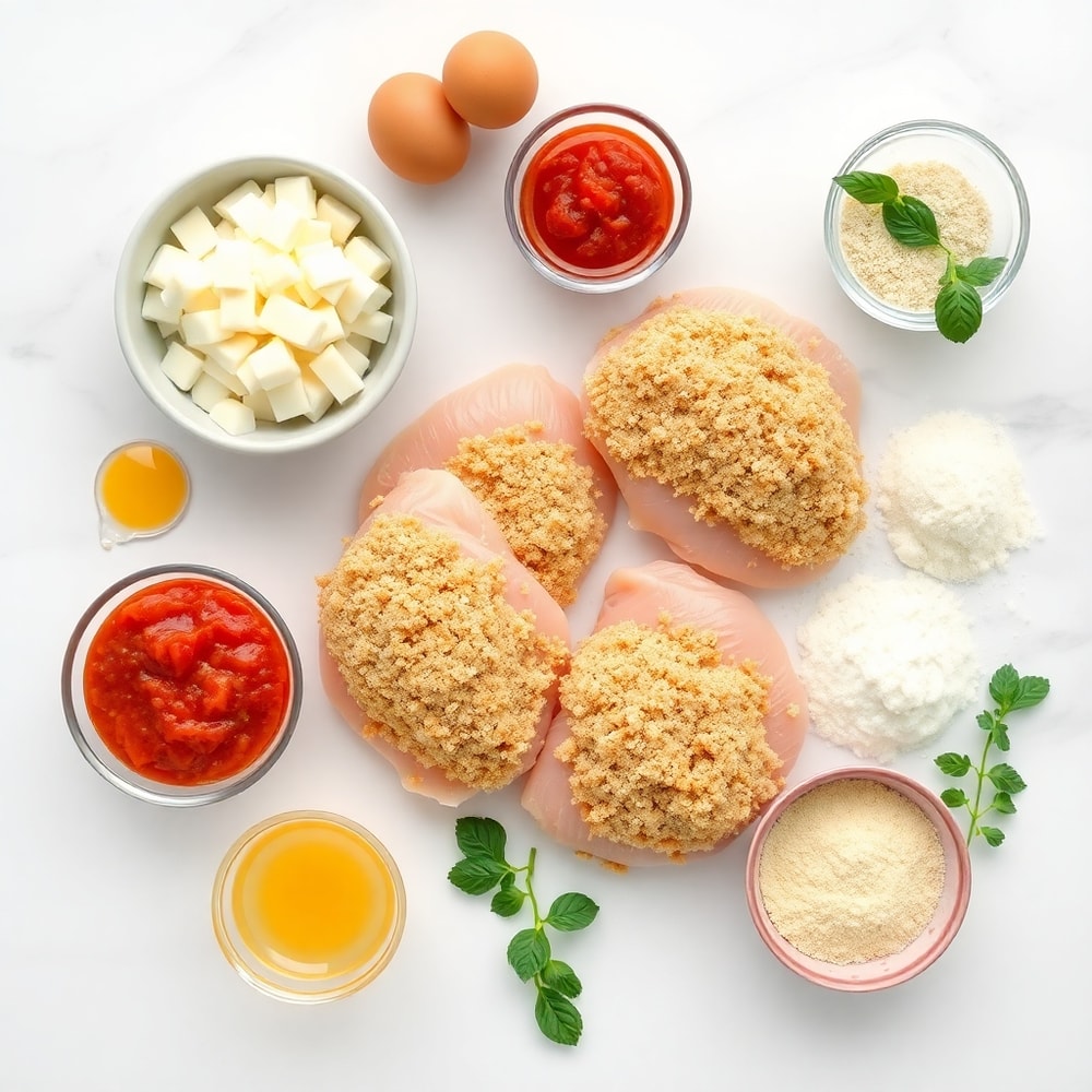 Raw ingredients for baked chicken parmesan: chicken breasts, breadcrumbs, eggs, marinara sauce, mozzarella cheese, parmesan cheese, flour, salt, pepper, garlic powder