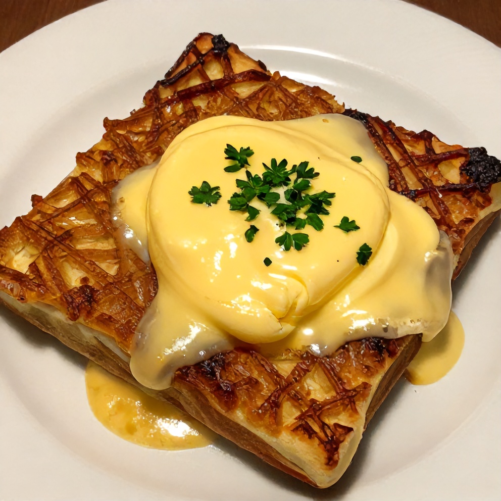 Plated serving of Overnight Eggs Benedict Casserole with fresh parsley garnish