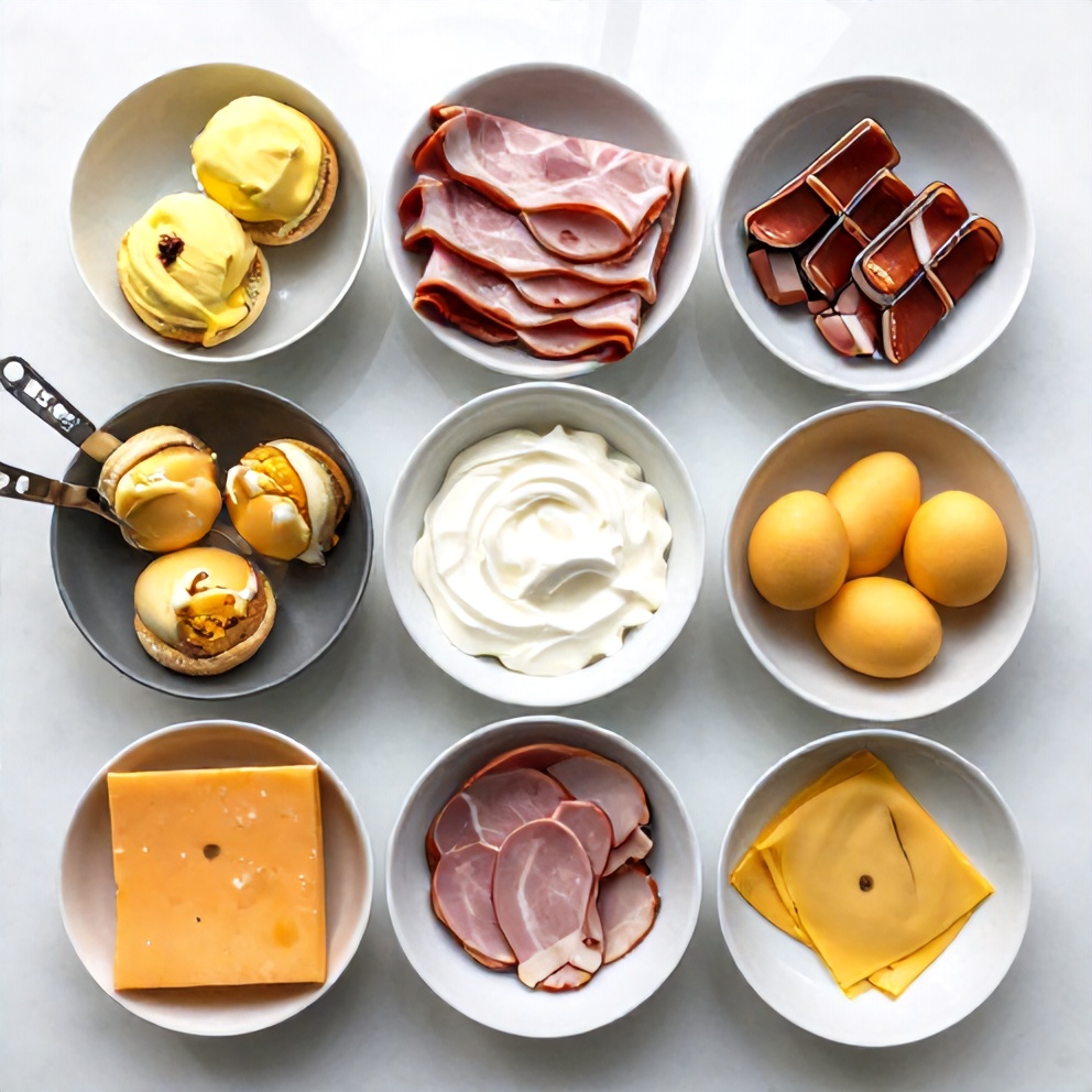 Raw ingredients for Overnight Eggs Benedict Casserole including English muffins, eggs, and ham