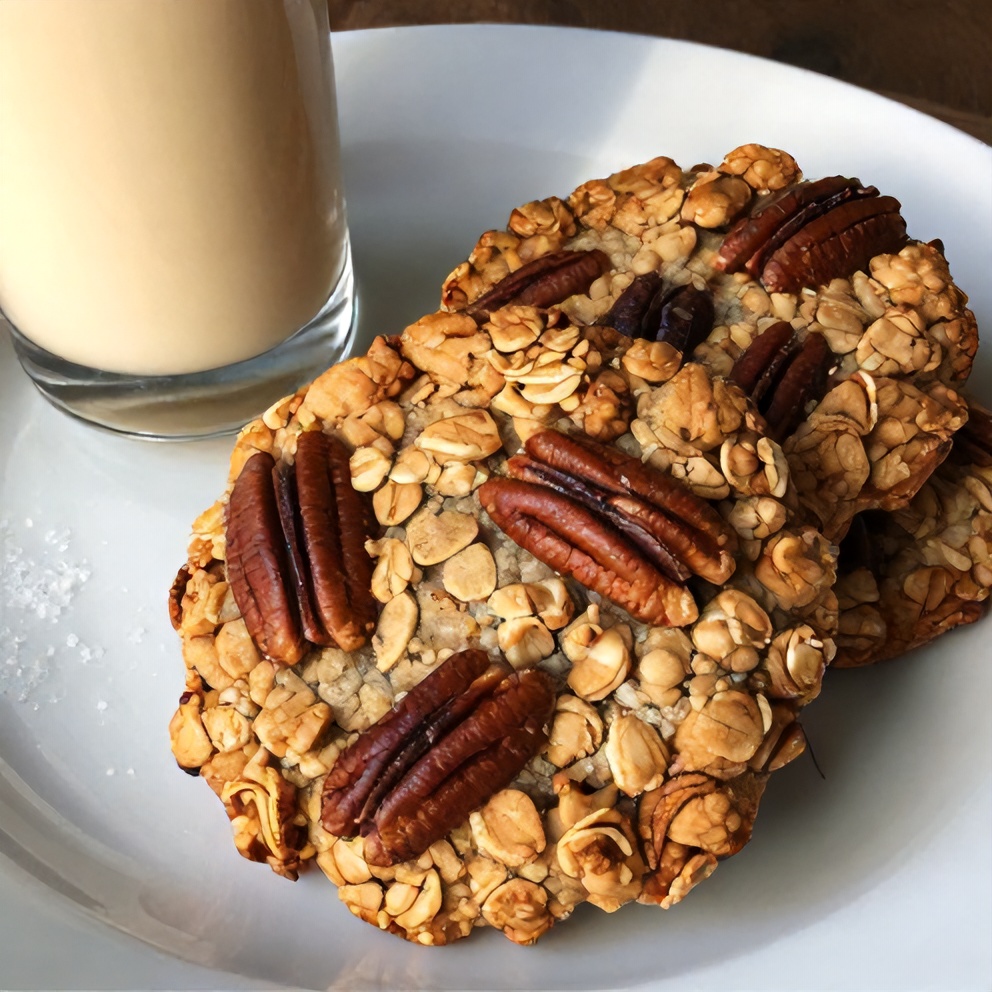 Pecan Pie Oatmeal Cookies on a plate with a glass of milk