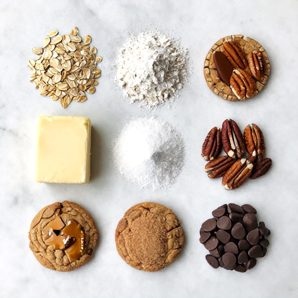 Raw ingredients for Pecan Pie Oatmeal Cookies on a marble surface